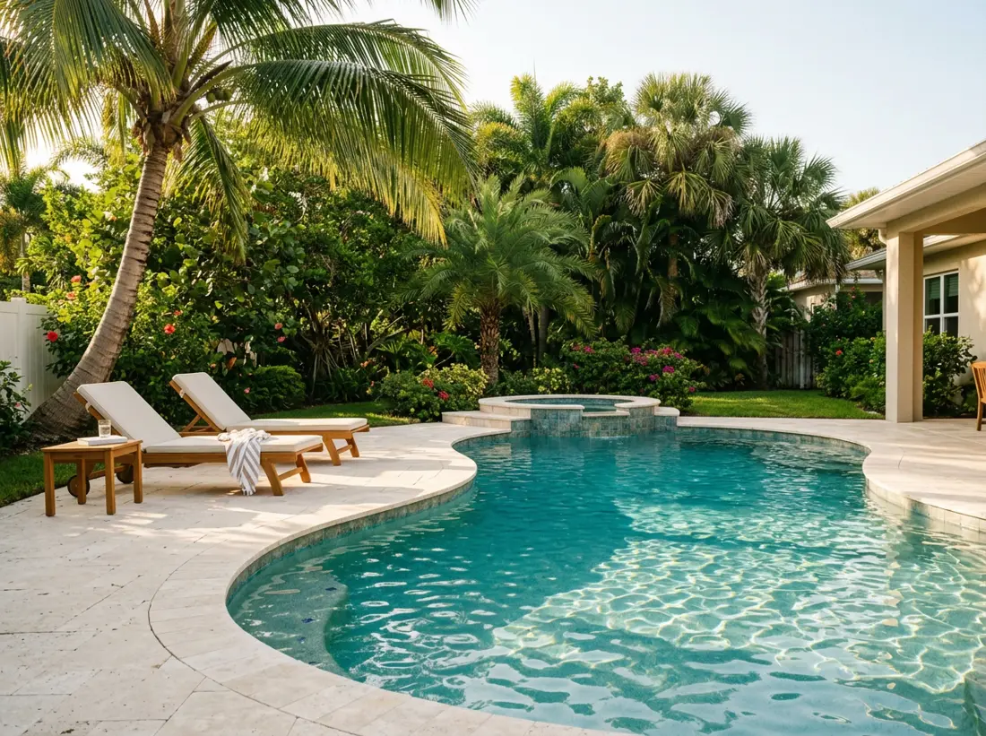 Clear turquoise pool surrounded by lush tropical palms and a sunny patio